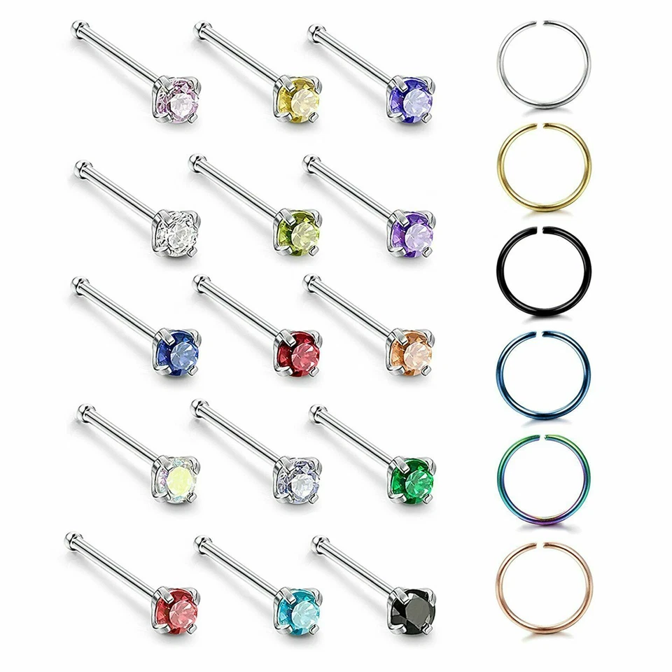 Conjunto de 21 piezas de piercing corporal con dije de pasador de nariz circonita cúbica de acero quirúrgico 20G joyería Foto 1 de 4