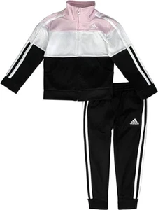 Adidas Girls Zip Front Classic Tricot Jacket and Joggers Set pink/wt/blk size 5 - Picture 1 of 1