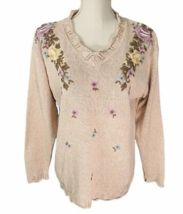 Jantzen Classics Womens Sweater Tan Multi Color Floral Embroidered By Hand - Picture 1 of 5