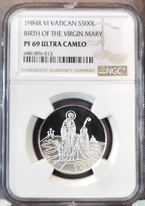 1984 VATICAN SILVER 500 LIRE THE VIRGIN MARY NGC PF 69 ULTRA CAMEO TOP POP - Picture 1 of 3
