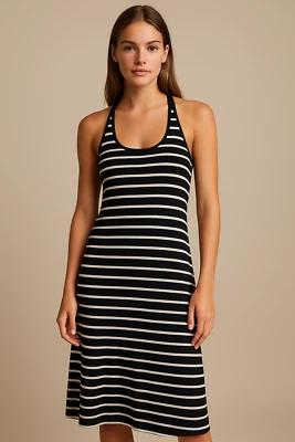 Vestido midi Joe Fresh mediano negro blanco a rayas espalda navaja Y2K grunge minimalista Foto 1 de 4