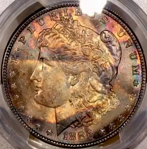 1886-P Morgan Dollar PCGS MS63 Vivid EOR Defined Lines Rainbow Toned W/Video Cover