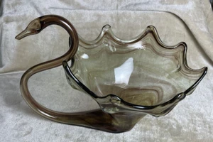 1960's Vtg Hand Blown Art Glass Murano style Swan Dish Brown Swirls 14Lx10Wx10H - Picture 1 of 6