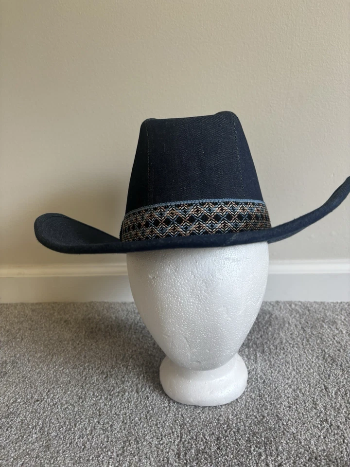 De colección Años 70 YA Youngan Azul Jean Denim Vaquero Western Sombrero Chevron M 7 - 7 1/8 Foto 1 de 3