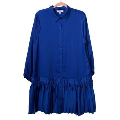 Taylor Tillman Shirt Dress Womens Medium Royal Blue Mini Pleated Minimalist NEW - Image 1 of 4