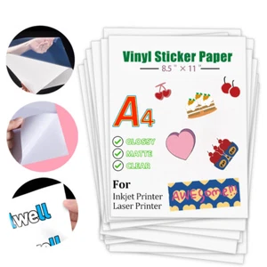 Vinyl Sticker Paper Glossy Matte Clear 100 Printable Inkjet Laser Printer US - Picture 1 of 15