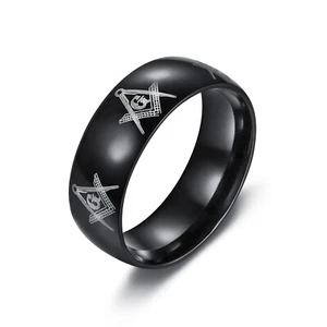 8MM Black Titanium Masonic Ring Men Women Freemason Wedding Ring Biker Band - Picture 1 of 4