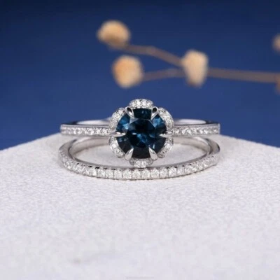 Sterling Silver Simulated Blue Topaz 14k Gold Plated Engagement Ring Wedding Set - Image 1 of 4