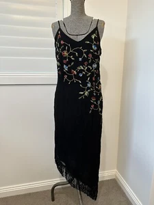 Vintage 90s Y2K Black Asymmetrical Slip Dress Fringe Floral Embroidered 12 L - Picture 1 of 14