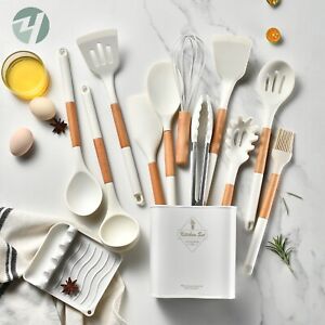 Silicone Kitchen Utensils Set 13pc Quality Wooden Cooking Spatula Tools - White