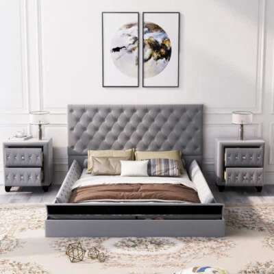 Upholstery Bedroom Furniture Set Full Size Storage Bed Frames with 2 Nightstands - Image 1 of 4