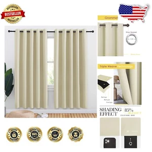 Classy Thermal Insulated Blackout Curtains - Room Darkening Beige Drapes, 2 Pack - Picture 1 of 11