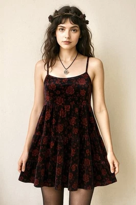 Y2K Velvet Floral Tiered Mini Babydoll Dress XL Whimsigoth Fairy Grunge Boho VTG - Image 1 of 4