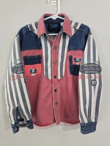 Vintage 1990s Urban Active Denim Longsleeve Button Up Shirt Color Block Kids 7 - Picture 1 of 14