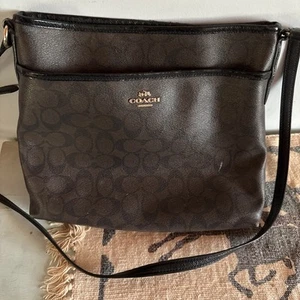 Coach Signature Brown Black Coated Canvas Rowan Crossbody File Bag F58297 - Picture 1 of 6