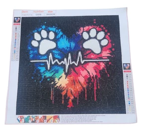 Finished Diamond Painting - Pawprint Heart & Heartbeat, Rainbow Splatter - Picture 1 of 2