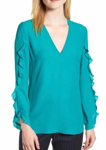 NEW LEWIT "Ruffle Sleeve Silk Blouse" Top, V Neck, Teal Sea, sz M, (or L) - $249 - Imagen 1 de 11