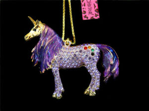 Betsey Johnson Purple Enamel Crystal Unicorn Horse Pendant Charm Coat Necklace