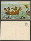 Louis Wain Artist Signed Cats, The Merry Fishers, Fish Fishing Boat Old Postcard