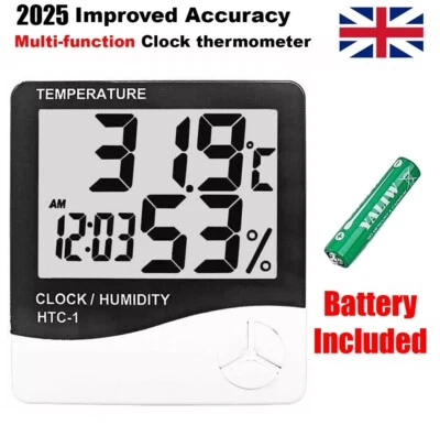 Digital Clock LCD Indoor Thermometer Hygrometer Humidity Meter Monitor Sensor UK - Image 1 of 4
