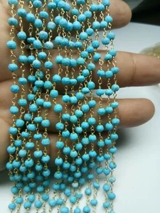 10 FT TURQUOISE ROSERY BEADED WIRE RAPPED GOLD PLATED 4-4.5 MM BEADS LINK CHAIN - Picture 1 of 4