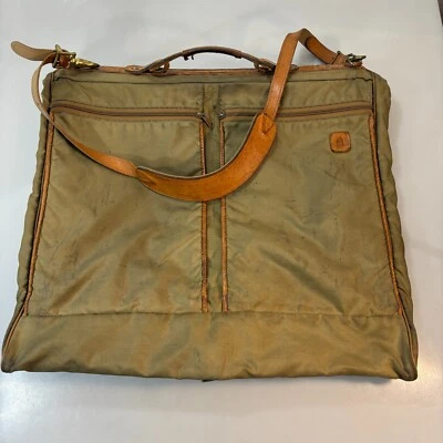 Hartmann Khaki Nylon Brown Leather Folding Hanging Garment Bag Luggage Vintage - Image 1 of 4