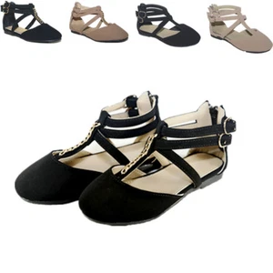 New Girls Flats Casual Ballet Ankle Strap Back Zipper Black,Taupe Dress Shoes - Picture 1 of 18