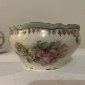 PS Germany Antique Bowl Yellow Pink Rose Flowers Gold Trim Scalloped - Picture 1 of 6