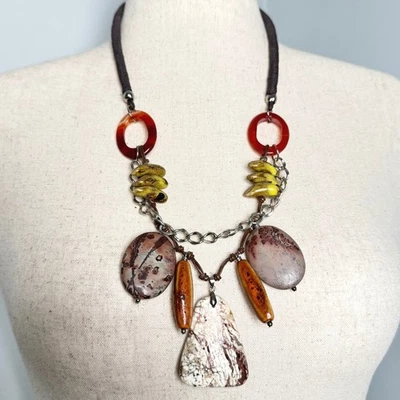 Collar llamativo cadena cordón marrón piedra cuentas colgante mujer Foto 1 de 4