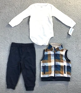 Carters Baby Boys 3-Pc. Bodysuit Pants Vest Blue Brown Plaid Set 18M NWT - Picture 1 of 6