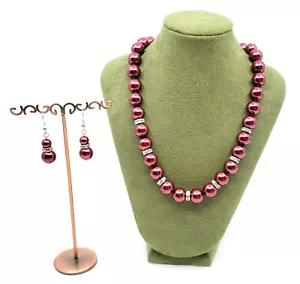 Faux Pearl Necklace with Matching Earrings Set Raspberry Color - Picture 1 of 1