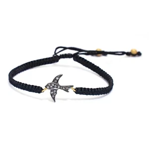 925 Sterling Silver Pave Diamond Black Macrame Thread Braide Adjustable Bracelet - Picture 1 of 4
