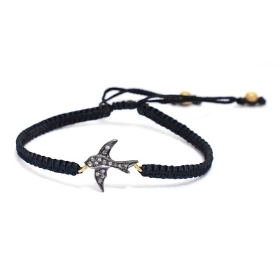 Brazalete ajustable trenzado hilo macramé negro pavé diamantes plata de ley 925 Foto 1 de 4