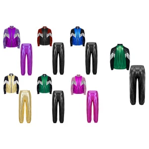 Kids Girls Suit Color Block Set Metallic Outfit Stand Collar Tracksuit Trousers - Picture 1 of 58