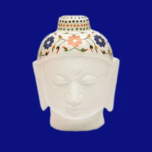 6"in White Marble Head Buddha Statue Inlay Work Meditating Head Buddha Statue - Picture 1 of 2