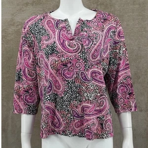 Kim Rogers Top Womens 1X Purple Paisley Animal Print 100% Cotton V-Neck Boho - Picture 1 of 9