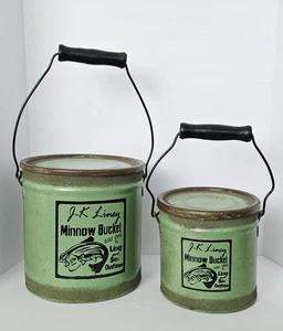 VTG J.K. Liney Minnow Bucket Metal w/ Wooden Handles. x2. Fishing Cabin Rustic. - Picture 1 of 12