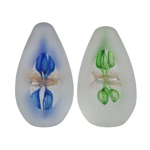 Pair of Svaja Frosted Cut 3D Art Glass Eggs 4” Lampwork Paperweights Blue Green - Picture 1 of 11