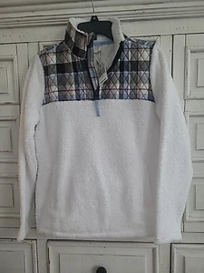 VERA BRADLEY White Teddy Sherpa Fleece Plaid Half Zip 1/4 Pullover Sweater New S - Picture 1 of 4