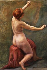 19th CENTURY LARGE FRENCH OIL ON CANVAS - NUDE GIRL POSED IN ATELIER