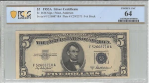 1953A $5 SILVER CERTIFICATE / Fr# 1656 (F-A Block) PCGS 64 CHOICE UNCIRCULATED - Picture 1 of 2