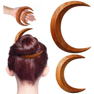 Wood Moon Hairpin Crescent Shaped Hair Fork Hair Clip Moon Beads Moon Hair Stick - Picture 1 of 21