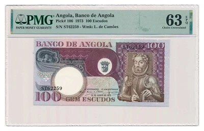 ANGOLA banknote 100 Escudos 1973 PMG MS 63 EPQ Choice Uncirculated - Image 1 of 2