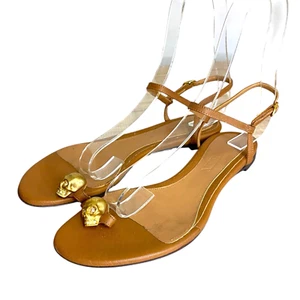 ALEXANDER MCQUEEN Brown Leather Skull Ankle Strap Flat Sandals, Size 37 - Picture 1 of 10