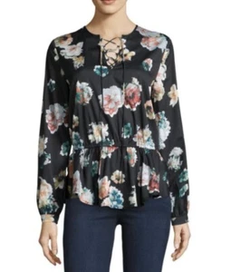 Neiman Marcus $149 Women's Floral-Print Lace-Up Blouse Top Shirt - NWT- Sz: L - Picture 1 of 4