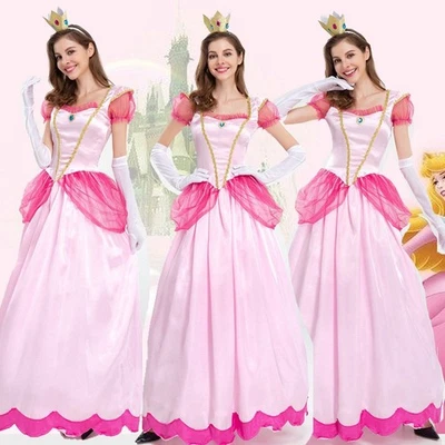 Super Mario Adulte Femme Douce Pêche Princesse Robe Carnaval Cosplay Costume UK - Photo 1/4