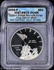 2005-P $1 Proof Marine Corps Commem Silver Dollar ICG PR 70 DCAM | FDOI - Picture 1 of 4