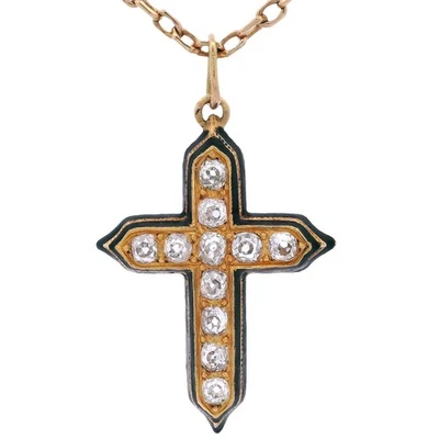 Французский антикварный кулон-крест из желтого золота 18 карат с эмалью и бриллиантами 1,06 карата - Изображение 1 из 4