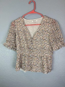 Madewell Blouse Womens XXS Cream Floral Button Down Short Sleeve Lined Top - Picture 1 of 11
