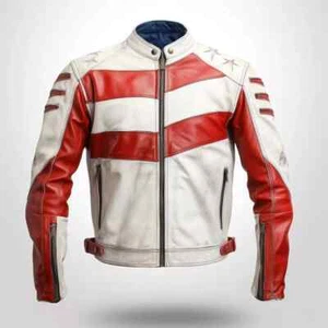 Men White and Red Leather Jacket Biker Stripes Motorcycle coat - Picture 1 of 3